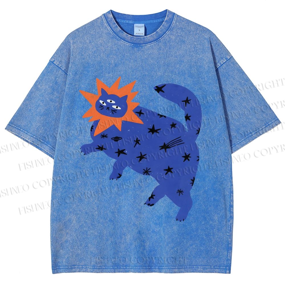 Unisex Artistic Three-Eyed Cat Printed Washed Tee