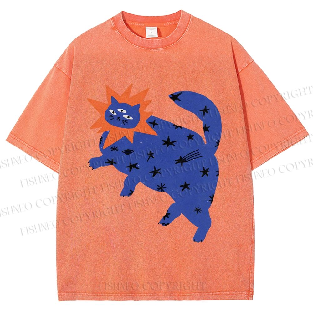 Unisex Artistic Three-Eyed Cat Printed Washed Tee