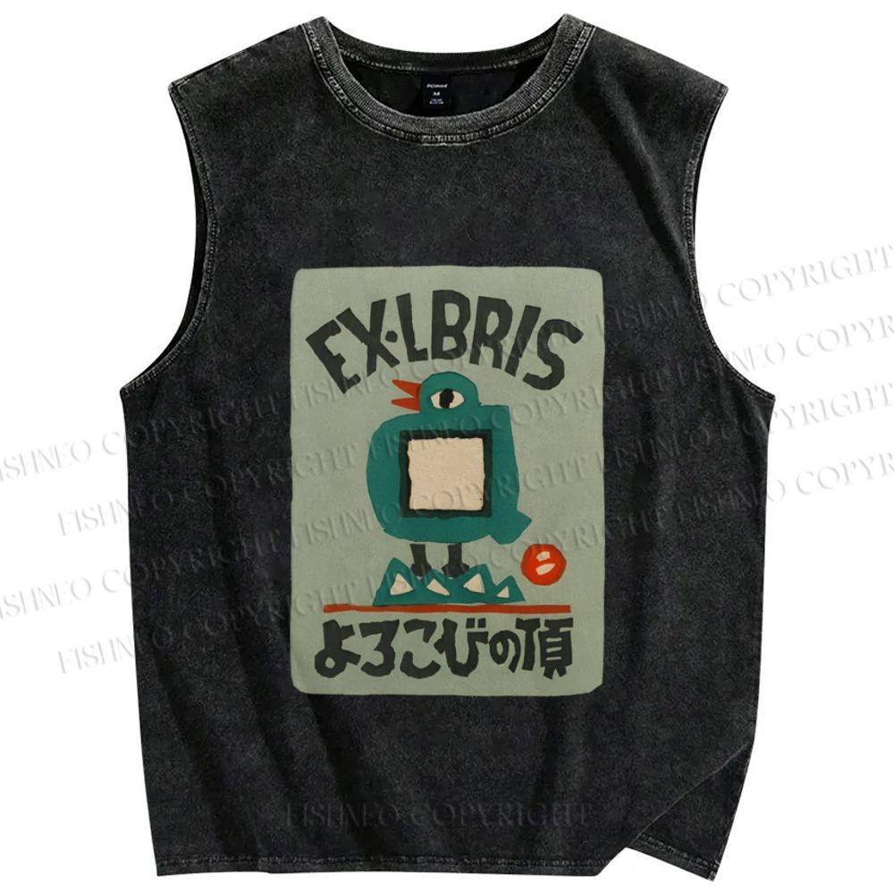 Unisex Bird Ex Libris Printed Washed Tank Top