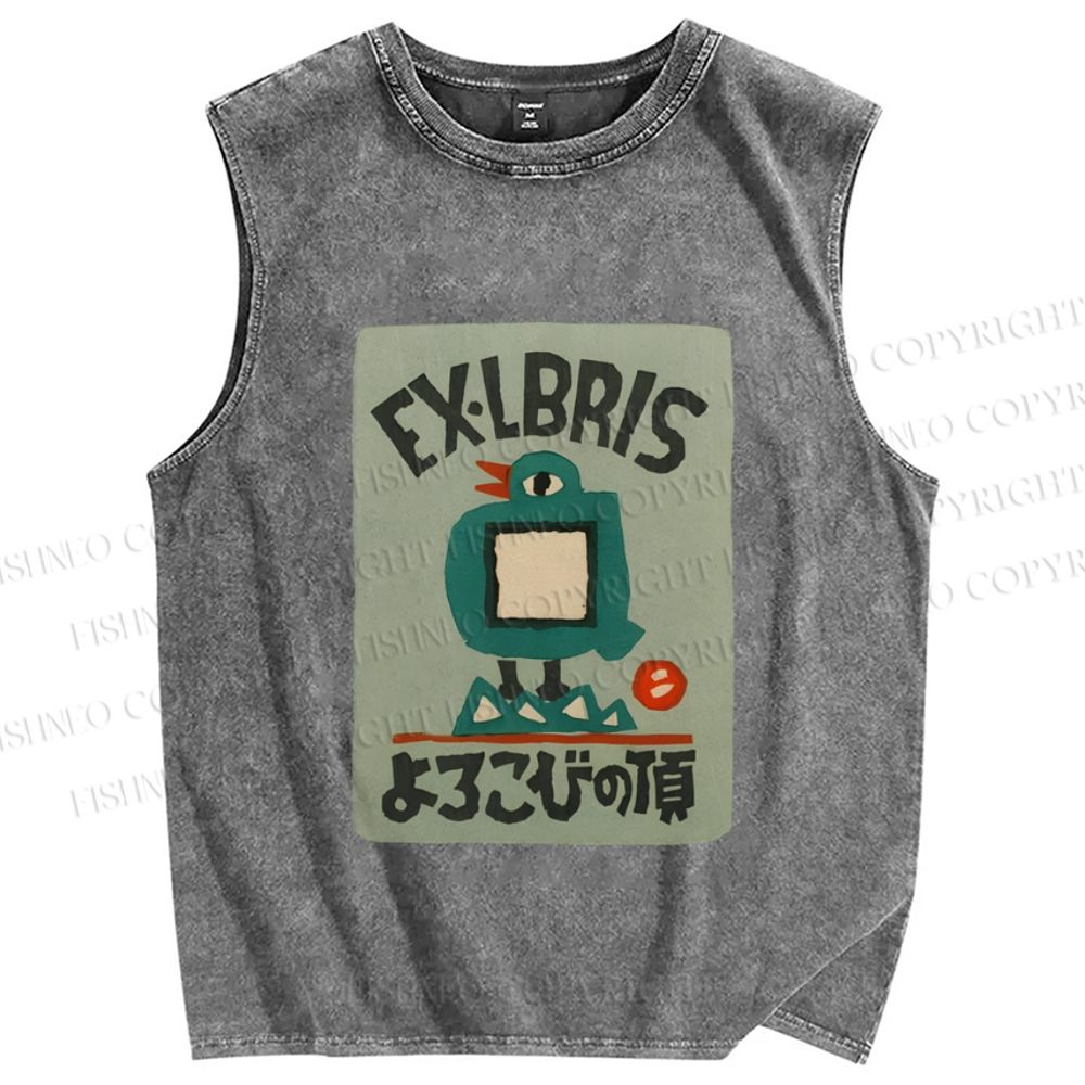 Unisex Bird Ex Libris Printed Washed Tank Top