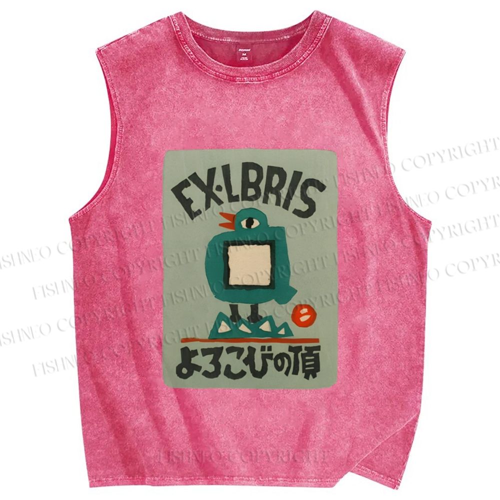 Unisex Bird Ex Libris Printed Washed Tank Top