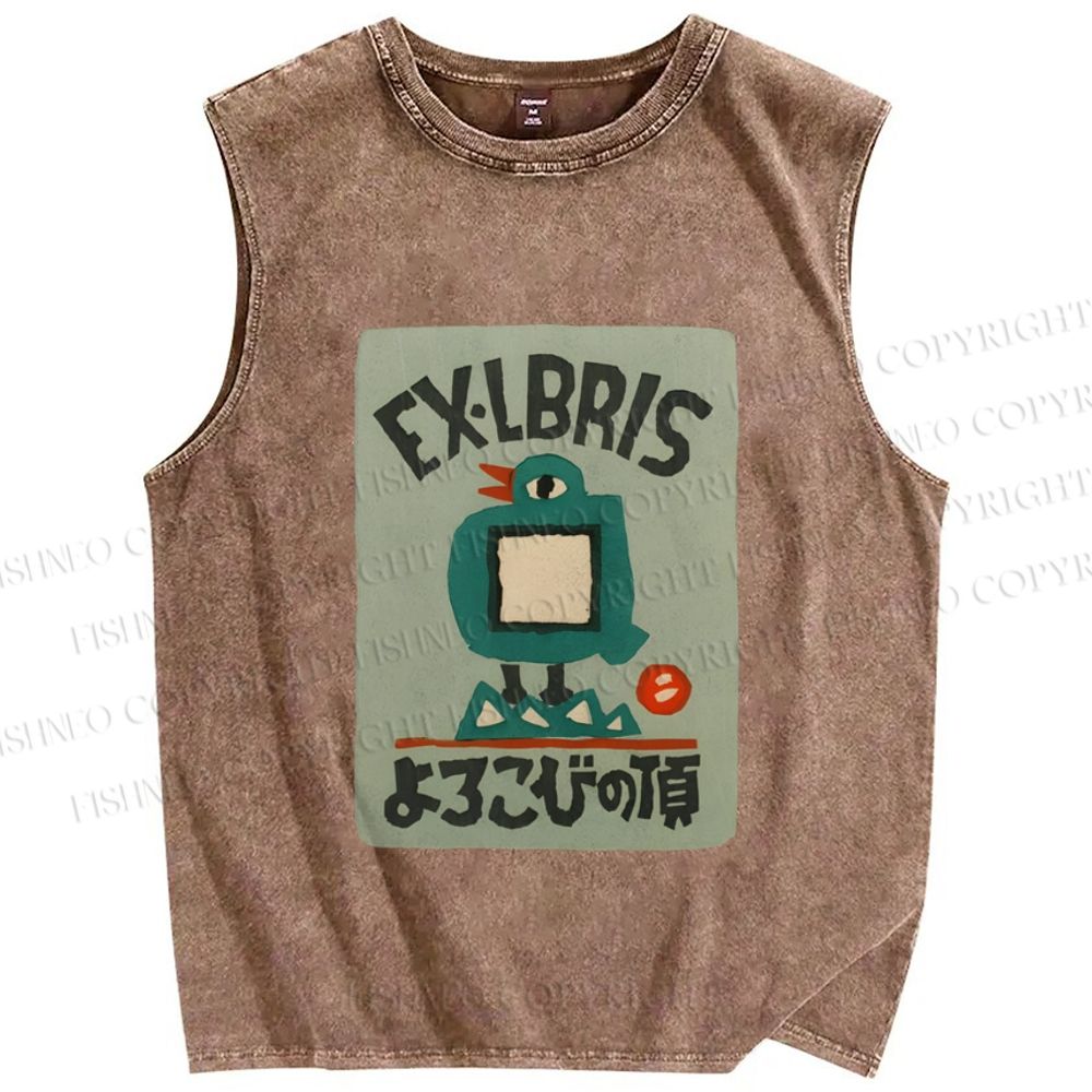 Unisex Bird Ex Libris Printed Washed Tank Top