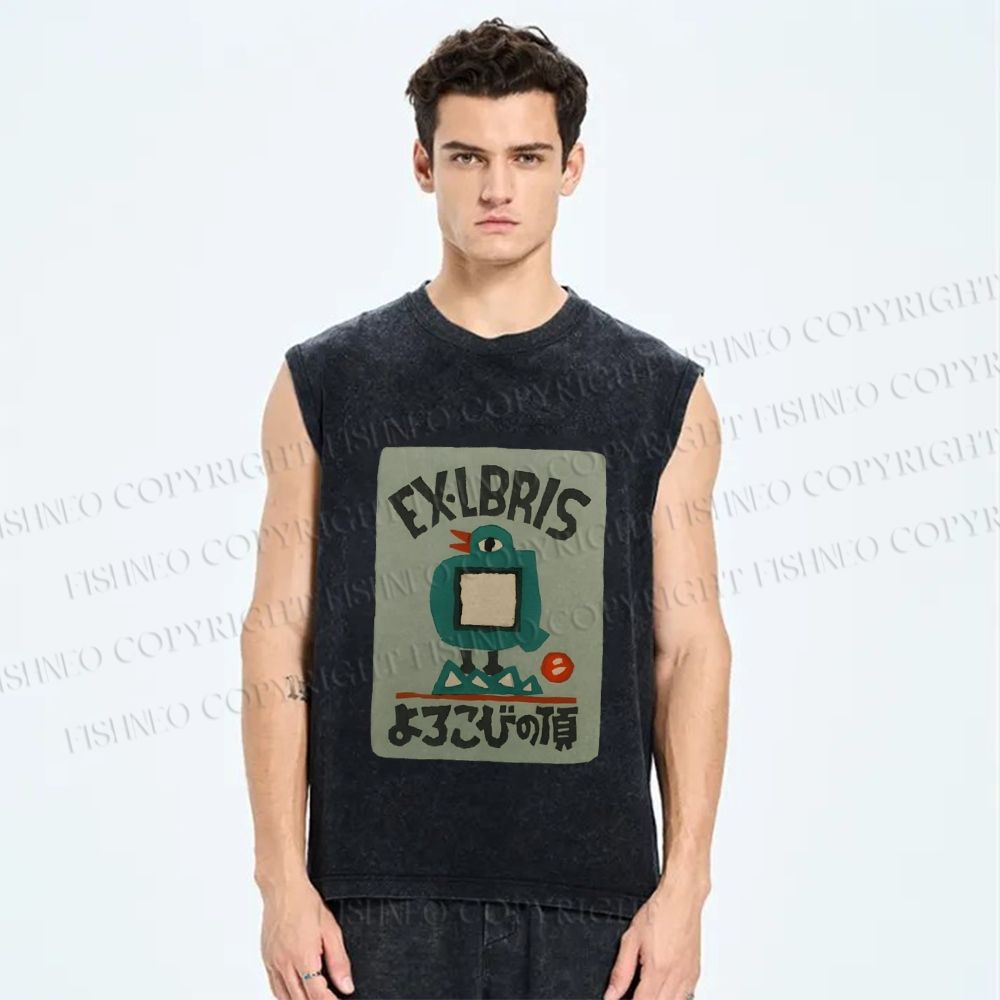 Unisex Bird Ex Libris Printed Washed Tank Top