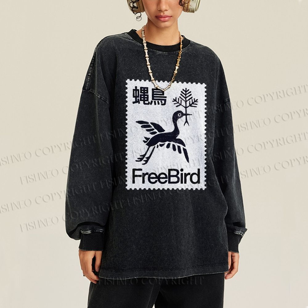 Unisex Casual Washed FreeBird Printed Long Sleeve T-shirt
