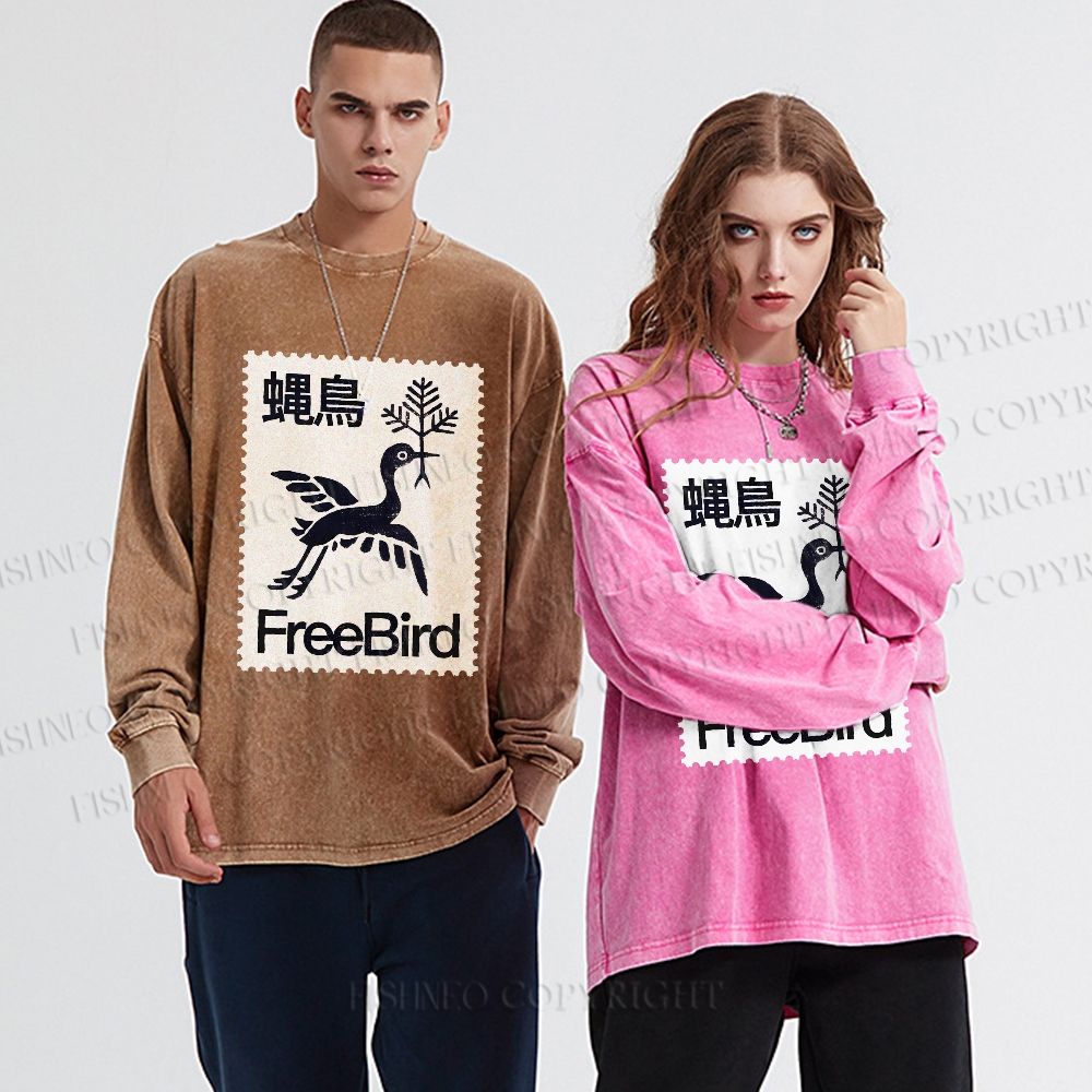 Unisex Casual Washed FreeBird Printed Long Sleeve T-shirt