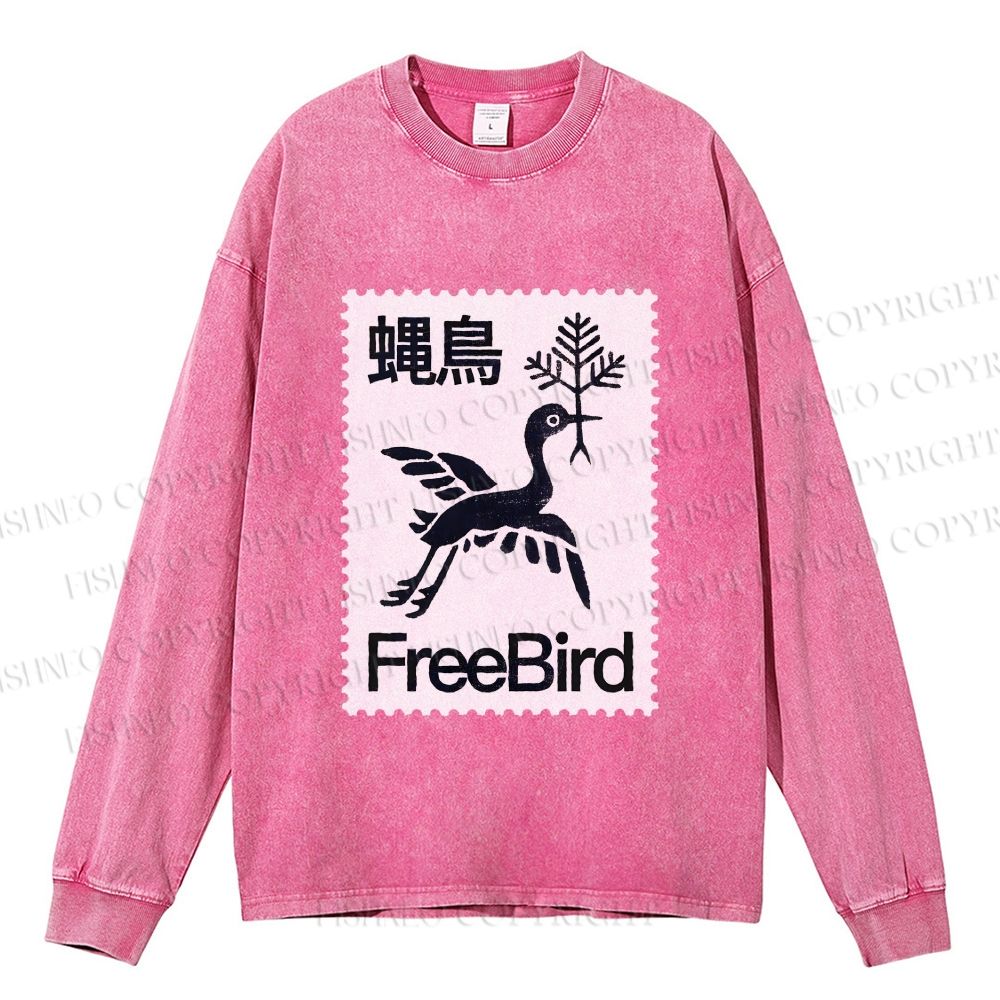 Unisex Casual Washed FreeBird Printed Long Sleeve T-shirt