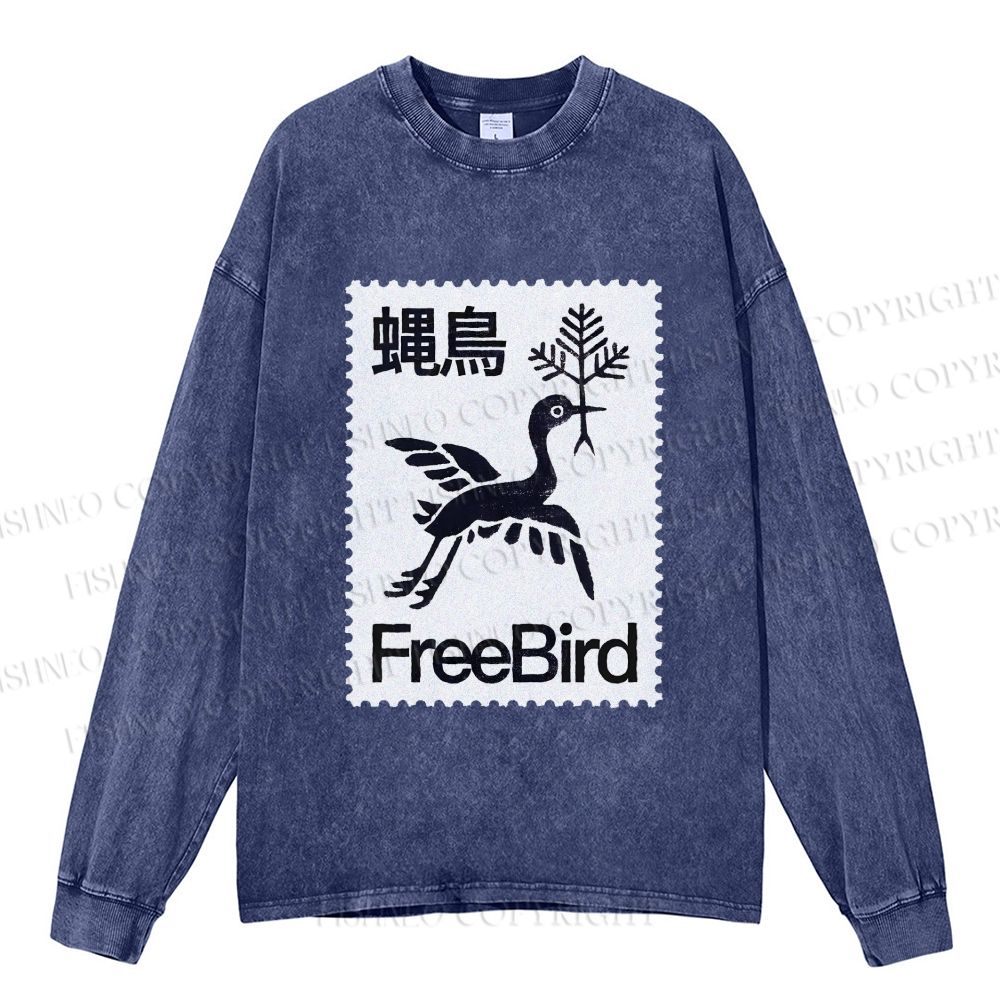 Unisex Casual Washed FreeBird Printed Long Sleeve T-shirt