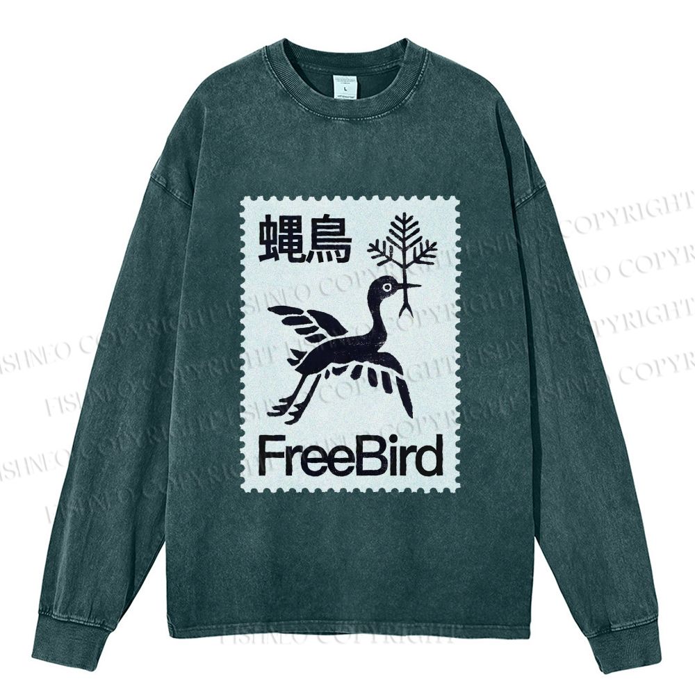 Unisex Casual Washed FreeBird Printed Long Sleeve T-shirt