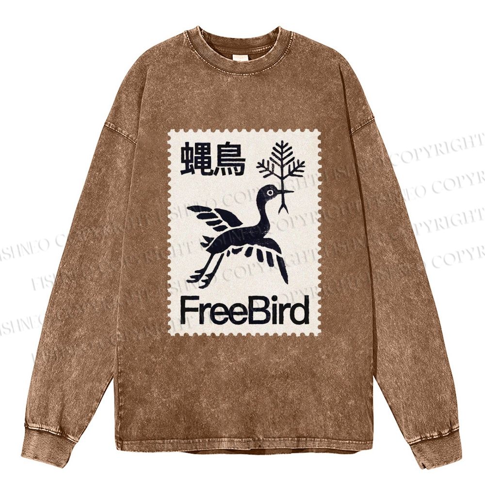 Unisex Casual Washed FreeBird Printed Long Sleeve T-shirt