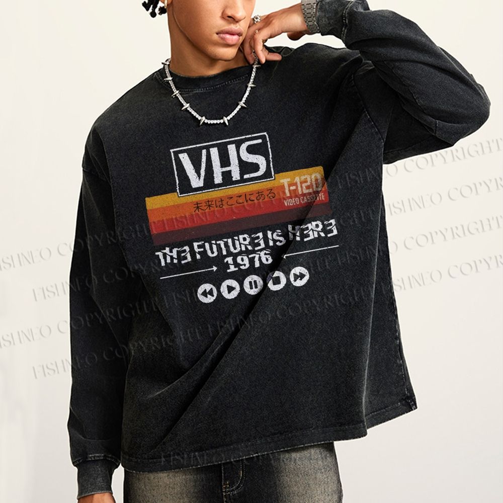 Unisex Casual Washed VHS The Future Is Here Printed Long Sleeve T-shirt