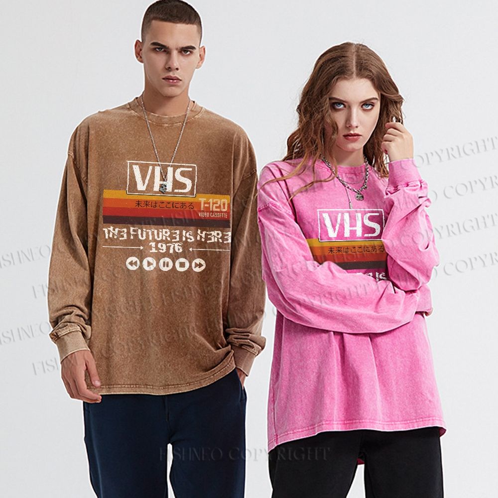 Unisex Casual Washed VHS The Future Is Here Printed Long Sleeve T-shirt