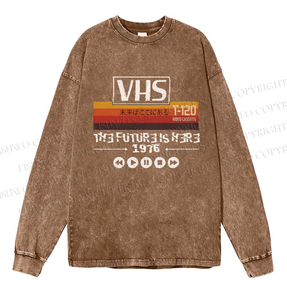 Unisex Casual Washed VHS The Future Is Here Printed Long Sleeve T-shirt