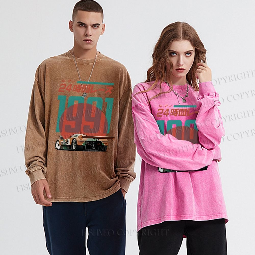 Unisex Casual Washed Time Printed Long Sleeve T-shirt