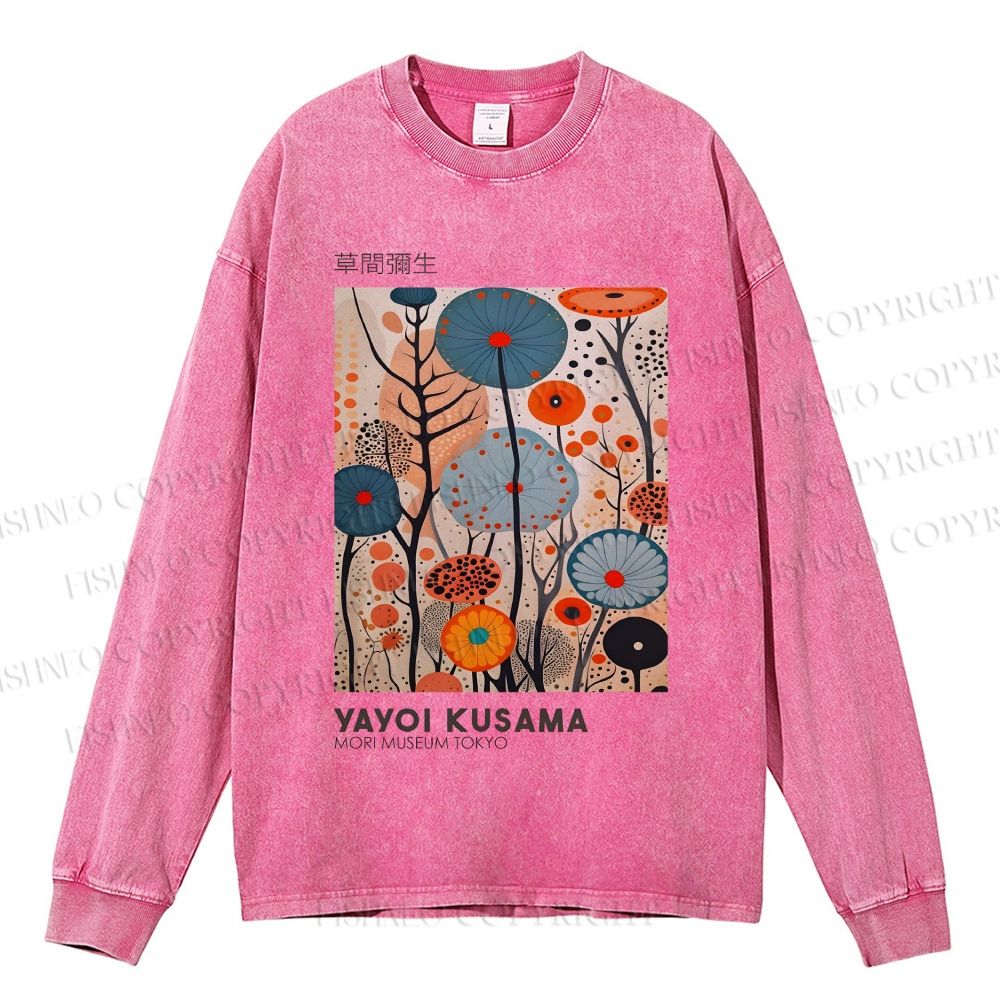 Unisex Casual Washed Yayoi Kusama Flower Printed Long Sleeve T-shirt