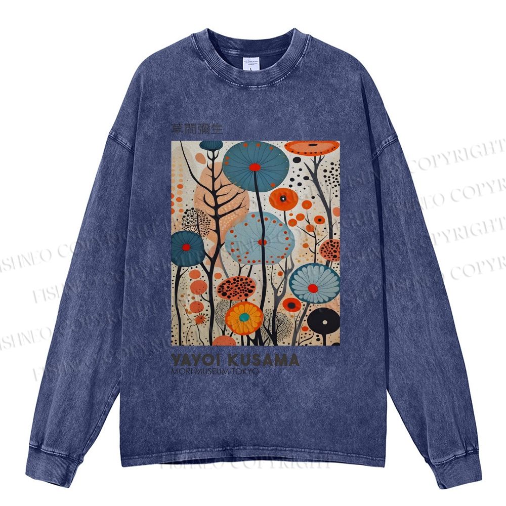 Unisex Casual Washed Yayoi Kusama Flower Printed Long Sleeve T-shirt