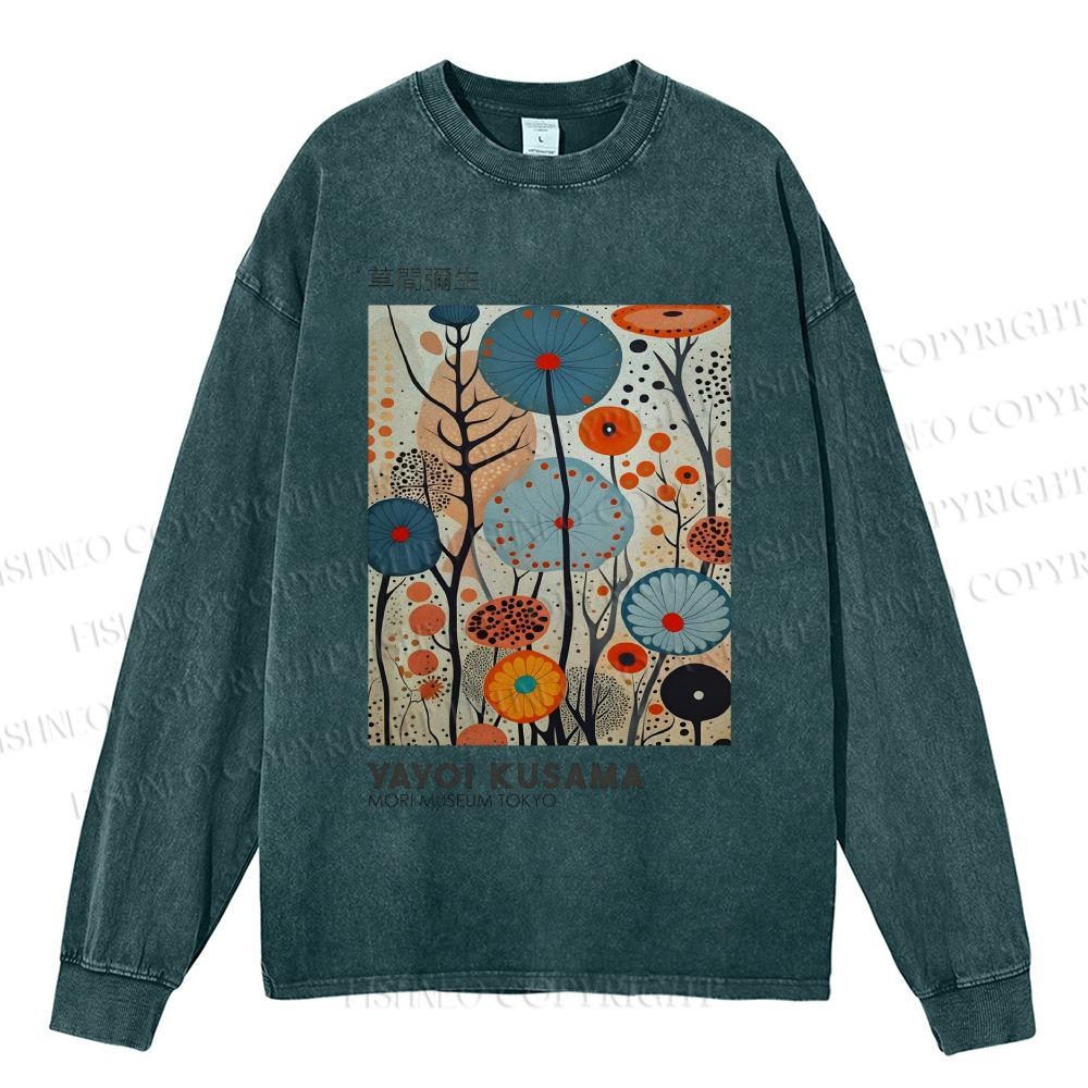Unisex Casual Washed Yayoi Kusama Flower Printed Long Sleeve T-shirt