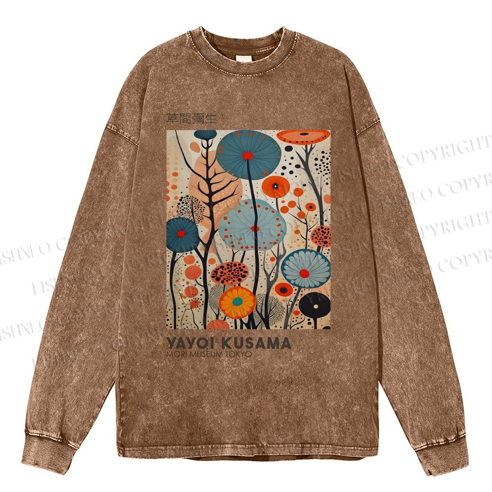 Unisex Casual Washed Yayoi Kusama Flower Printed Long Sleeve T-shirt