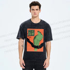 Unisex Japanese Retro Bird Printed Washed Tee