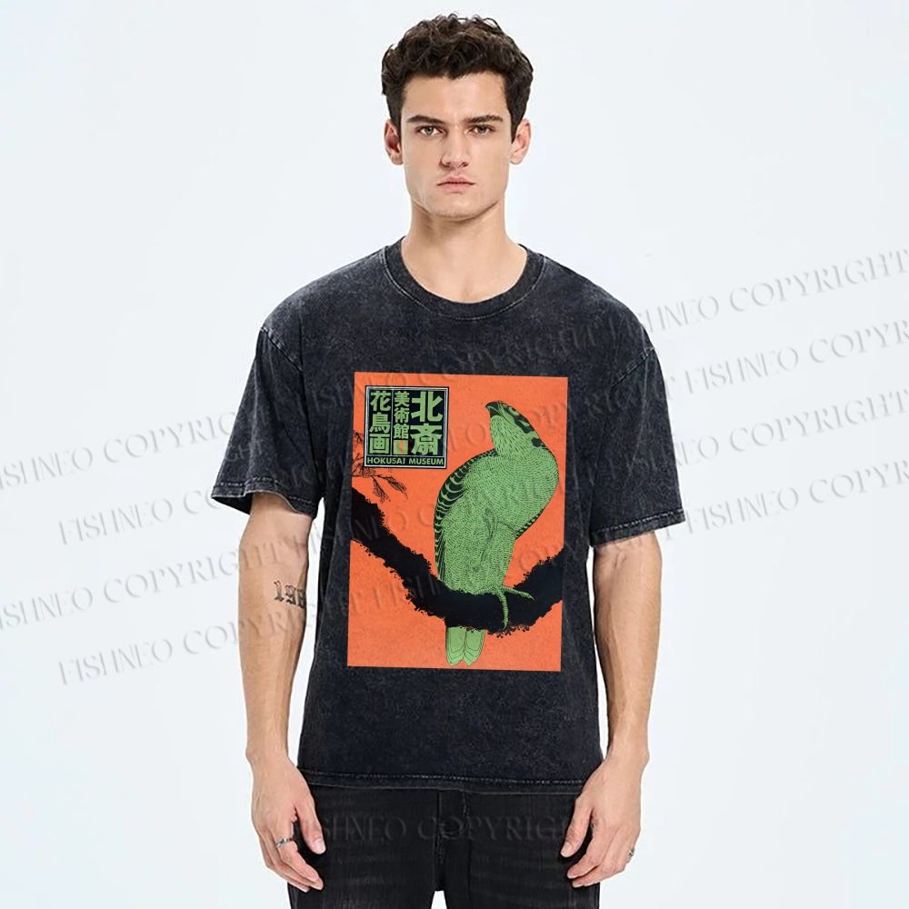 Unisex Japanese Retro Bird Printed Washed Tee