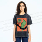 Unisex Japanese Retro Bird Printed Washed Tee