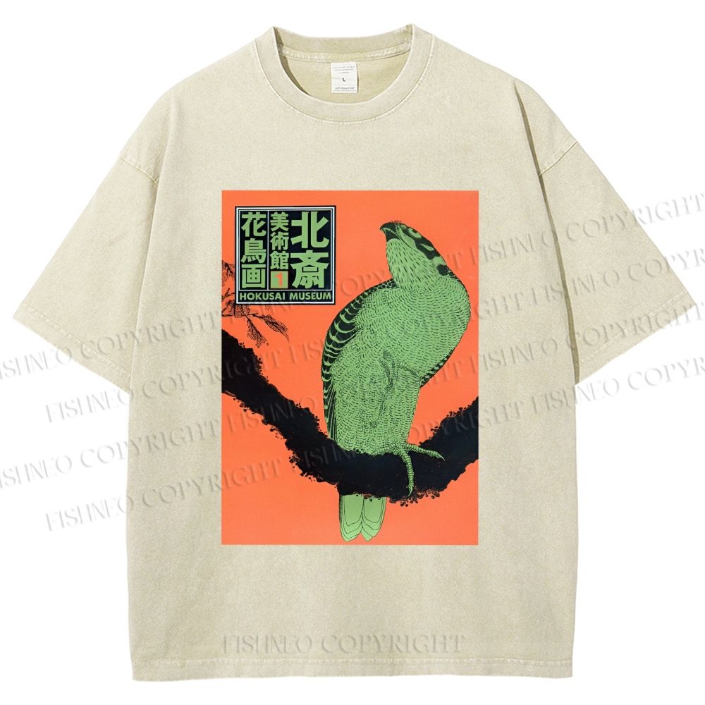 Unisex Japanese Retro Bird Printed Washed Tee