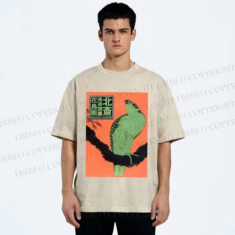 Unisex Japanese Retro Bird Printed Washed Tee
