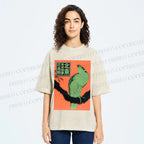 Unisex Japanese Retro Bird Printed Washed Tee