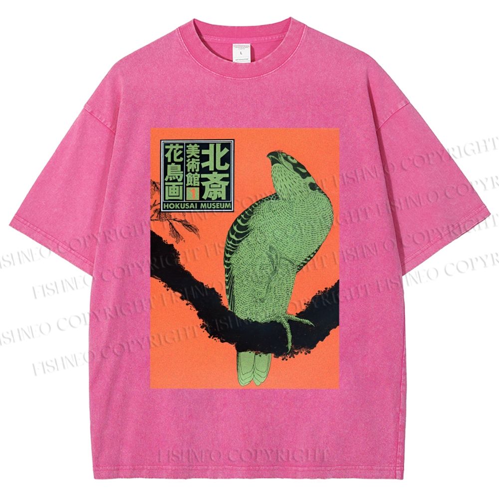 Unisex Japanese Retro Bird Printed Washed Tee