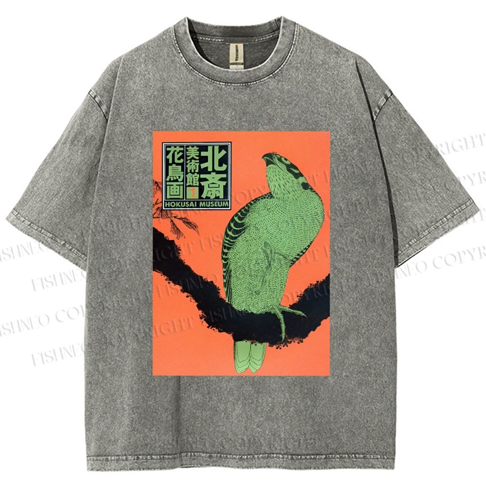 Unisex Japanese Retro Bird Printed Washed Tee