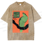 Unisex Japanese Retro Bird Printed Washed Tee