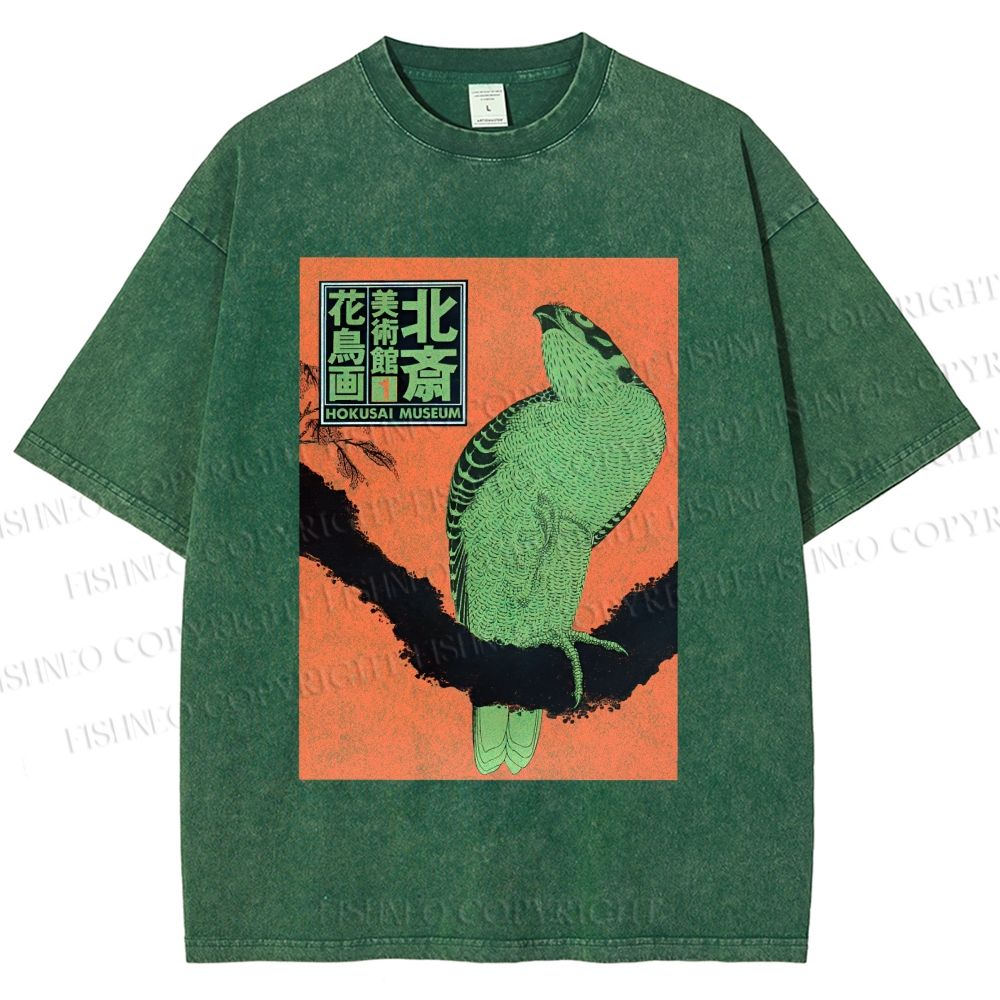 Unisex Japanese Retro Bird Printed Washed Tee