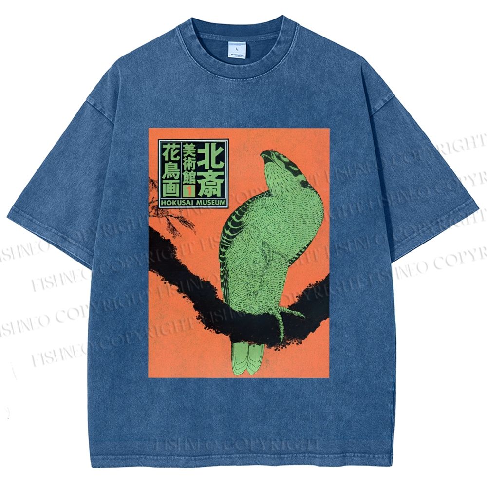 Unisex Japanese Retro Bird Printed Washed Tee