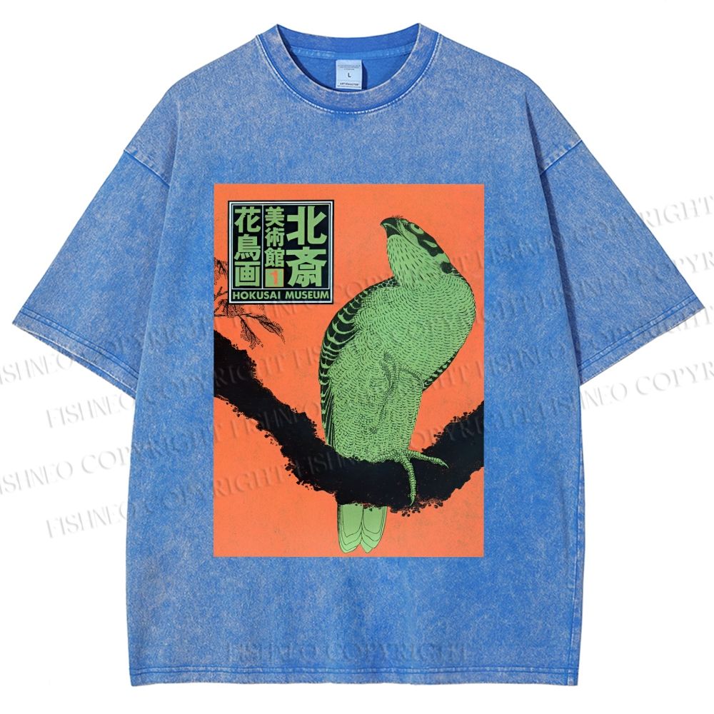 Unisex Japanese Retro Bird Printed Washed Tee