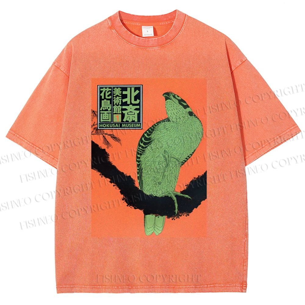 Unisex Japanese Retro Bird Printed Washed Tee