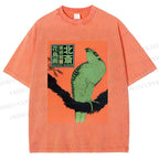 Unisex Japanese Retro Bird Printed Washed Tee