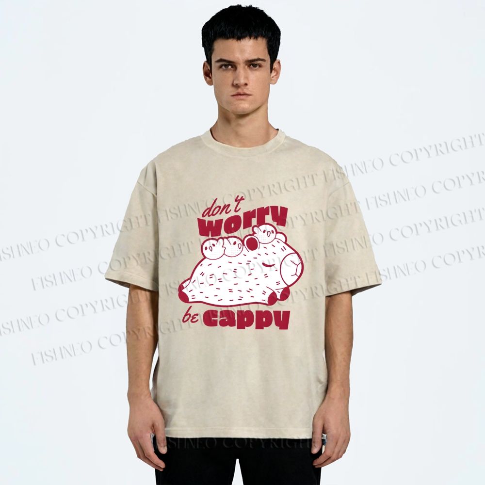 Unisex Dont Worry Be Cappy Capybara Printed Washed Tee