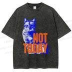 Unisex Vintage Cat Not Today Printed Washed Tee
