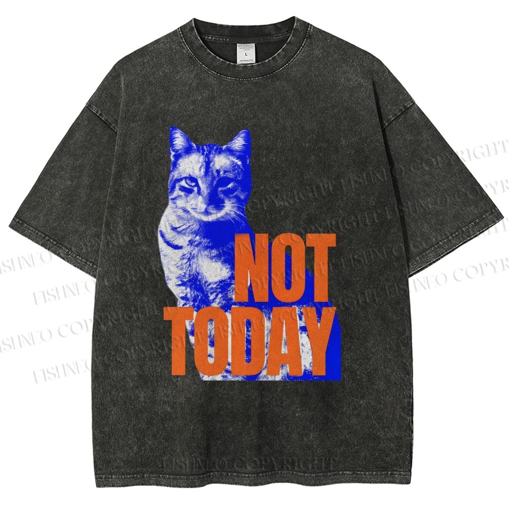 Unisex Vintage Cat Not Today Printed Washed Tee