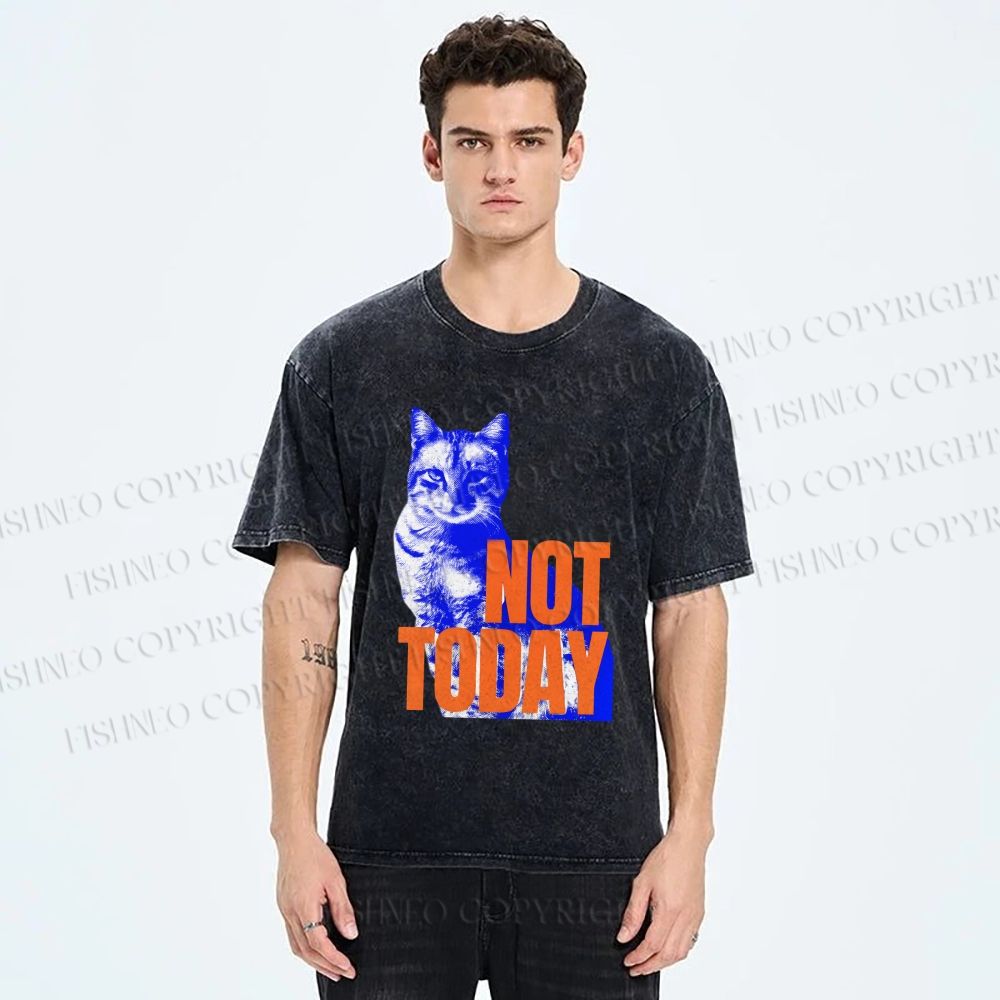 Unisex Vintage Cat Not Today Printed Washed Tee