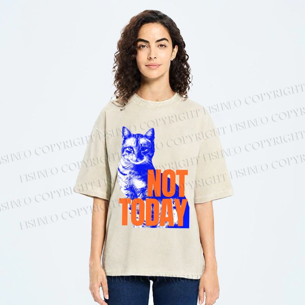Unisex Vintage Cat Not Today Printed Washed Tee
