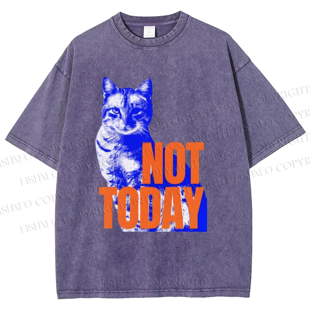 Unisex Vintage Cat Not Today Printed Washed Tee