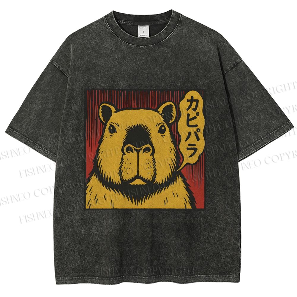 Unisex Japanese Vintage Capybara Printed Washed Tee