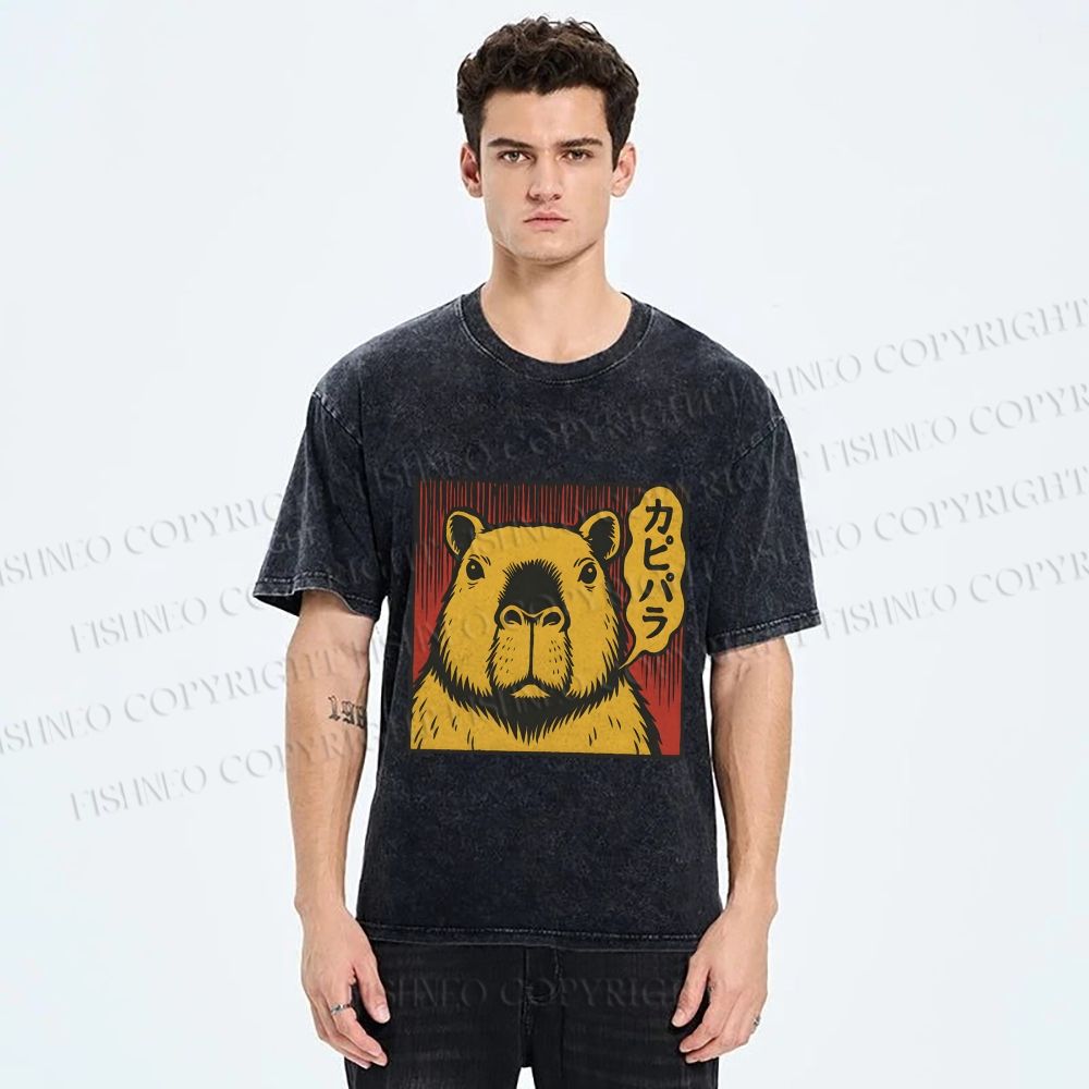 Unisex Japanese Vintage Capybara Printed Washed Tee