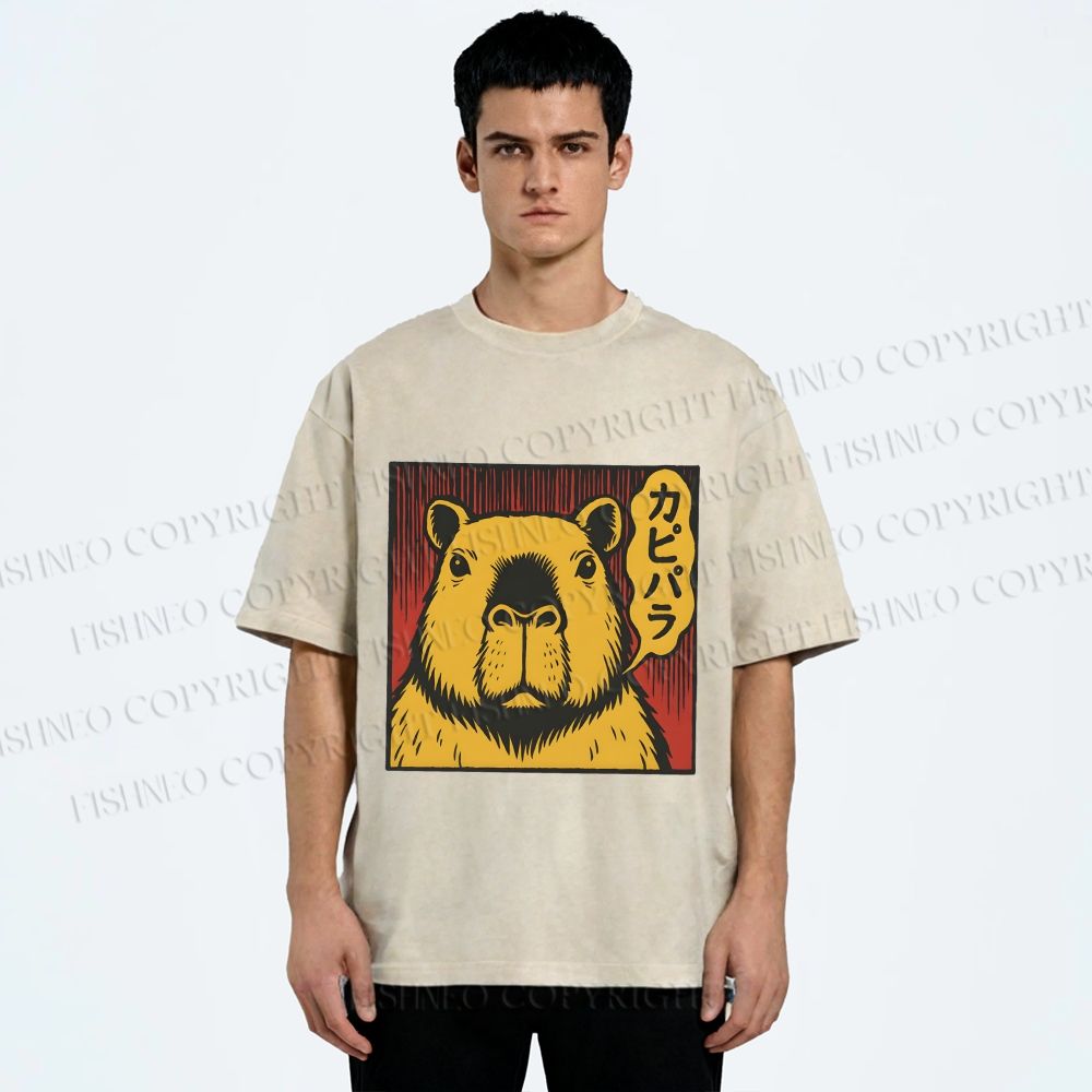 Unisex Japanese Vintage Capybara Printed Washed Tee