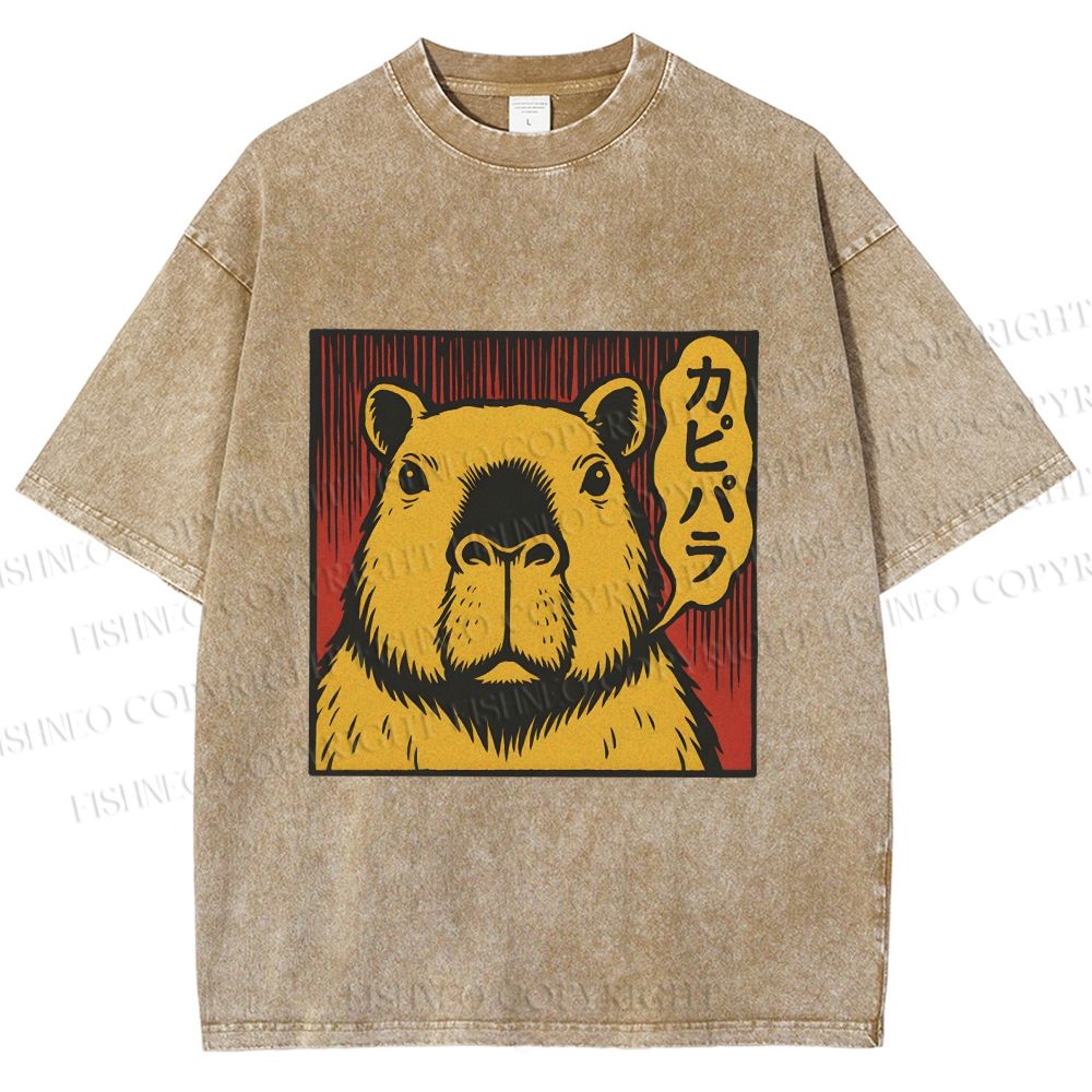Unisex Japanese Vintage Capybara Printed Washed Tee