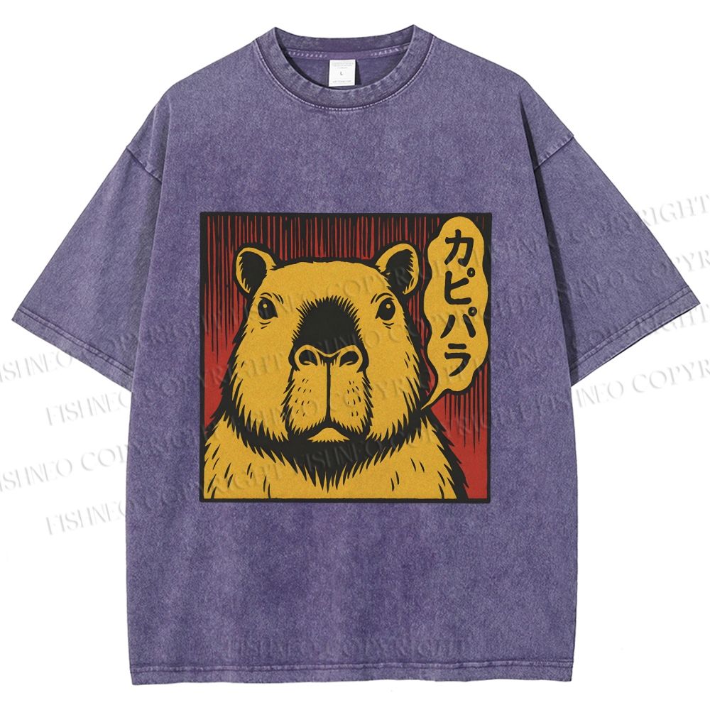 Unisex Japanese Vintage Capybara Printed Washed Tee
