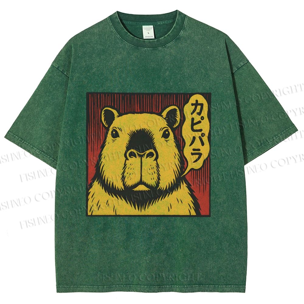 Unisex Japanese Vintage Capybara Printed Washed Tee