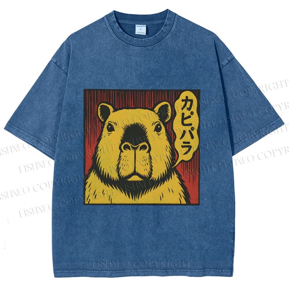 Unisex Japanese Vintage Capybara Printed Washed Tee