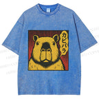 Unisex Japanese Vintage Capybara Printed Washed Tee