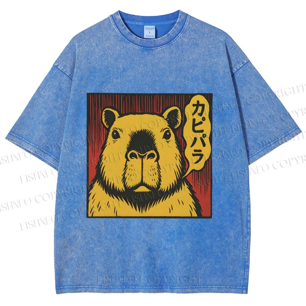 Unisex Japanese Vintage Capybara Printed Washed Tee